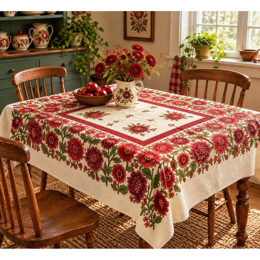 Vintage Terry Cloth Tablecloth Floral Red Green Cream 43x49 Cottagecore